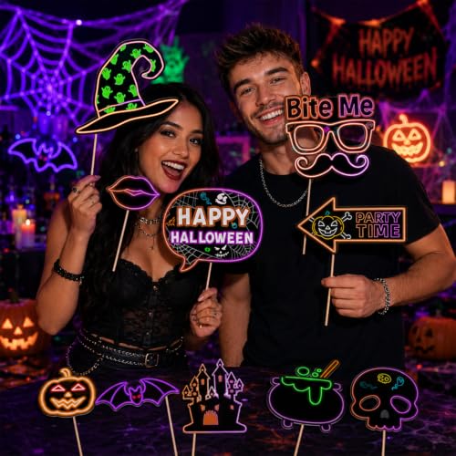 Neon Halloween Photo Booth Props Set - 16 Vivid Neon Party Decorations