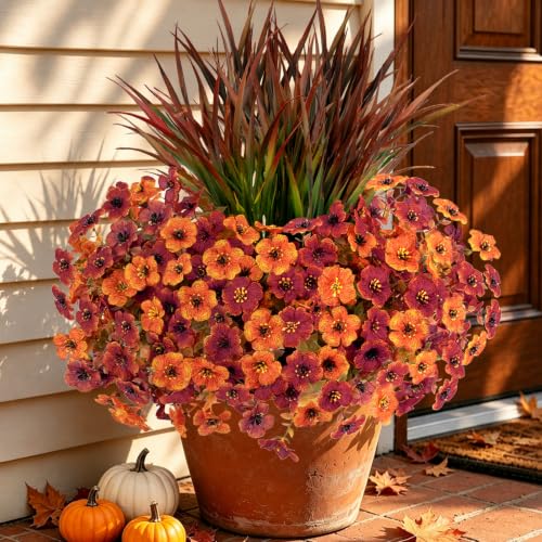Artificial Fall Flowers Set - UV Resistant Outdoor Decor, Orange Red