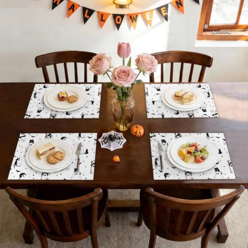 Halloween Farmhouse Placemats Set of 4 - Cats Ghosts Bat Washable Seasonal Table Decor