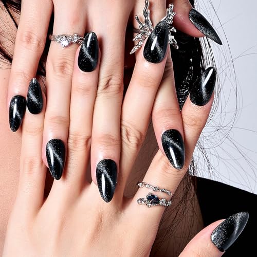 Black Paradise Cat Eyes Press On Nails - Medium Almond Stiletto Fake Nails with Variation