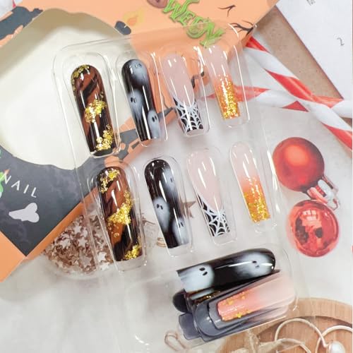 Halloween Press On Nails Long Square Shape White Spider Web Design - Variation of THIS listing