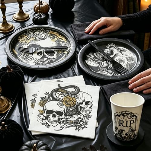 Gothic Halloween Party Tableware Set for 24 Guests - Disposable Plates Cups Napkins & Tablecloth