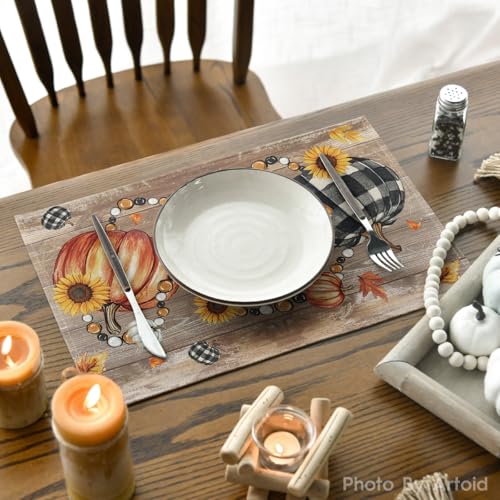Wood Pumpkins Sunflowers Fall Placemats Set of 6 - 12x18 Inch Rectangular