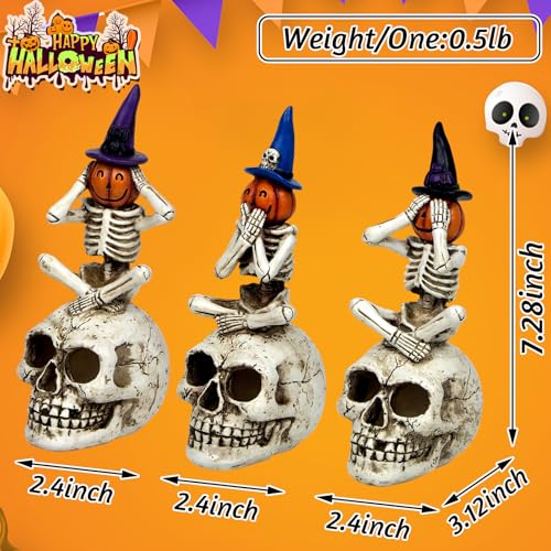 Halloween Skeleton Pumpkin Figurine Set of 3 - See Speak Hear No Evil Decor