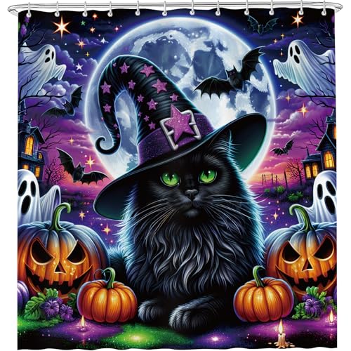 Halloween Shower Curtain with Spooky Castle and Black Cats - Waterproof Polyester