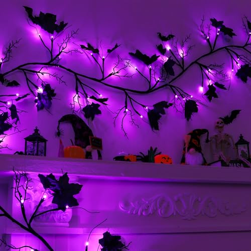 9 Ft Purple LED Willow Vine Twig Halloween Garland with 8 Modes & Timer - Waterproof Indoor Outdoor Decor