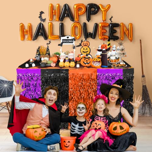 Halloween Party Decorations 2-Pack Metallic Tinsel Foil Fringe Table Skirts - Orange Purple Black Variation