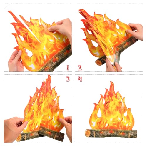 Fake Fire Cardboard Campfire Set - 11.8 Inch & 15.8 Inch, Gold Orange, Reusable Decor