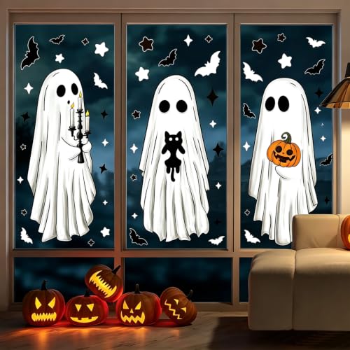 Halloween Ghost Window Clings Set - Large Ghost Pumpkin Bats for Holiday Decor