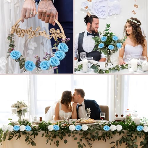Baby Blue Realistic Roses - 50 Artificial Latex Flowers with Bendable Stems & Leaves - Wedding & DIY Decor (Variation of THIS listing: Baby Blue / 50)