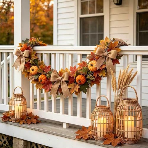 Fall Garland with Maple Leaves Pumpkins Burlap Bows Berries 6FT