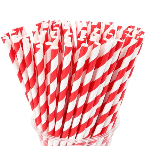 Red Biodegradable Striped Paper Drinking Straws - 100 Pack for Parties
