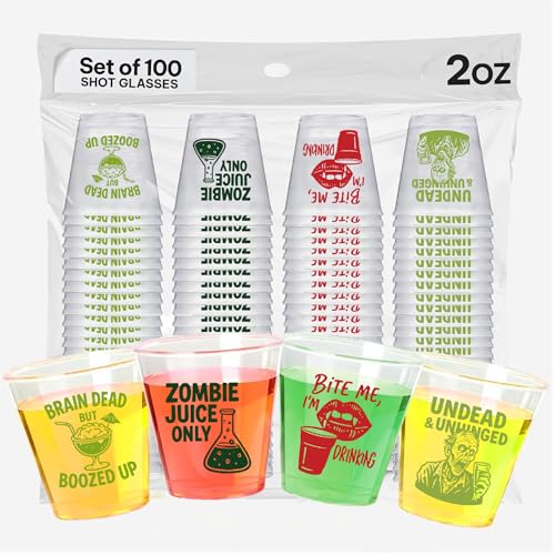 Zombie Party Disposable Shot Glasses Set of 100 - 2oz Halloween Horror Drinkware