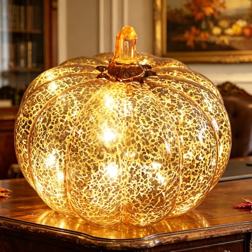 Mercury Glass Pumpkin Light with Timer - Rosegold Fall Halloween Decor with Fairy Lights
