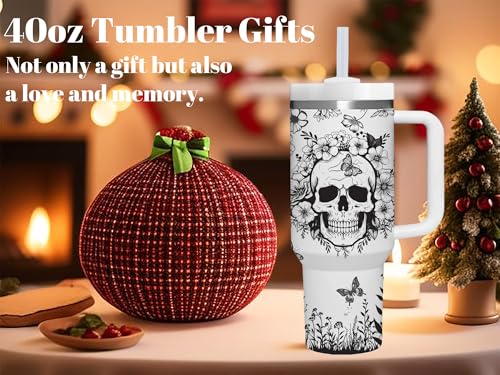 White Skull Goth Tumbler with Handle - 40 OZ Skull Lover Gift for Women