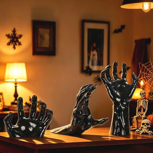 Gothic Halloween Wall Decor Set of 3 with Creepy Skeleton Hands & LED Candles