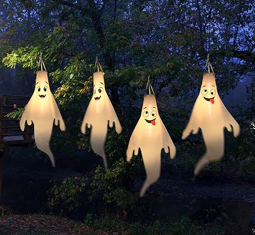 Halloween Ghost Decorations Outdoor Set - 4 Cute Hanging Ghosts with Timer & Waterproof LED Lights - Black+Pink