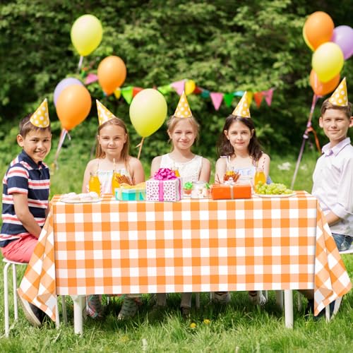 Orange and White Gingham Waterproof Disposable Tablecloths - 6 Pack, 54x108 Inches, Party, Picnic, Wedding