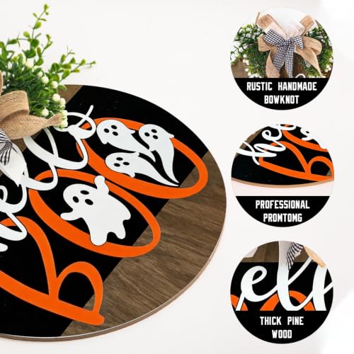 Cute Ghost Halloween Door Sign 12 Inch Wreath for Front Door - Farmhouse Halloween Decor with Hanging Rope - Variation: 12x12 Inches