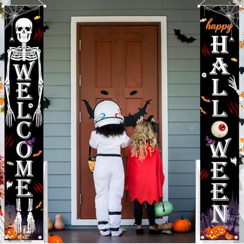 Halloween Skeleton Pumpkin Porch Banner Sign - Spooky Front Door Decor
