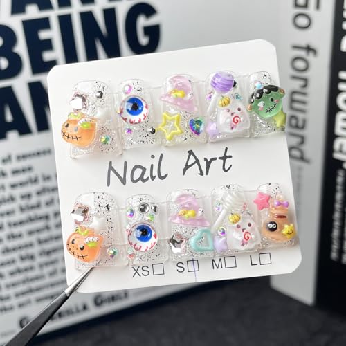 Halloween Short Press On Nails with 3D Ghost & Pumpkin Designs – Variation D-158 / M