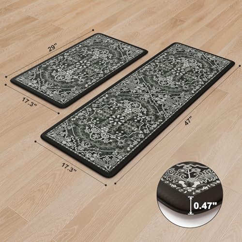 Anti-Fatigue Kitchen Mats Set - Cushioned Boho Rugs 2-Piece Black & Multi