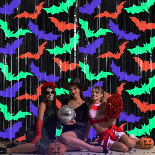 Glow Halloween Backdrop Curtains Neon Streamers Bat Pattern 3.3x6.6 FT - 2 Pack