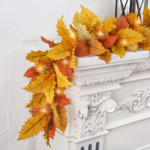 6FT Fall Leaves Garland with Lights and Timer - Red-Orange Autumn Decor
