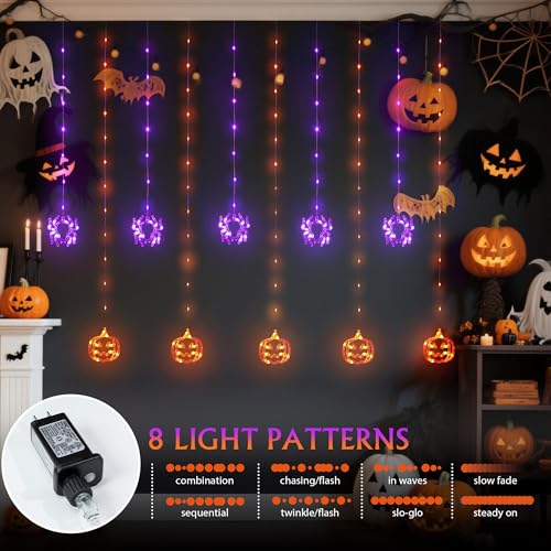 Halloween Window Curtain Lights with Spider and Pumpkin Decorations - Indoor String Lights, 8 Modes, Timer