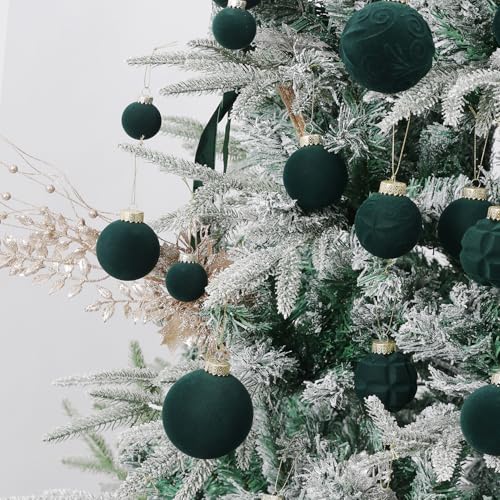 Green Velvet Christmas Ornaments Set 38Pcs Flocked Shatterproof Holiday Decorations