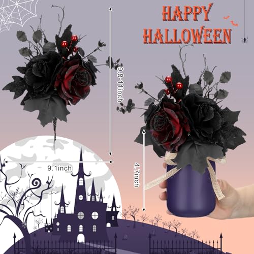 Halloween Mason Jar Decor Set with Artificial Black and Red Flowers - Centerpieces for Home and Party