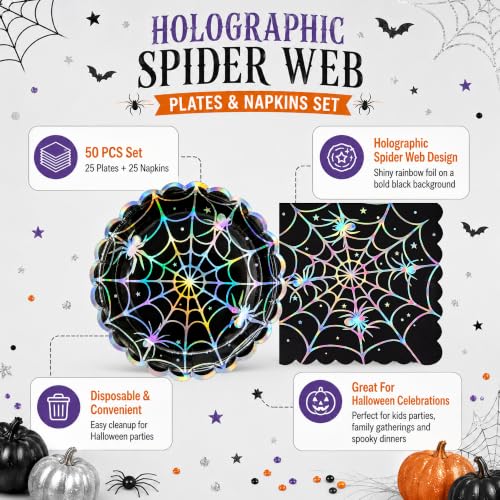 Halloween Spider Web Paper Plates and Napkins Set – 50PCS Spooky Party Tableware