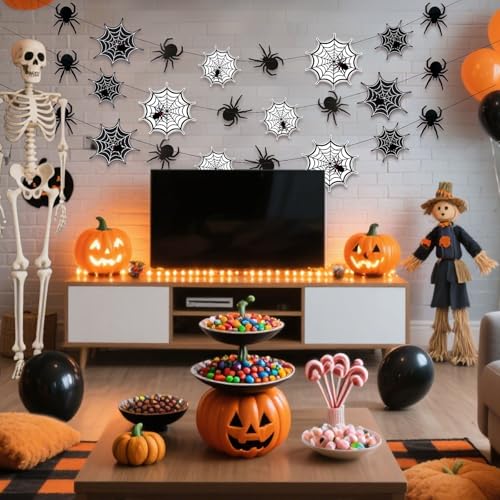Halloween Spider Web Garland with Hanging Spiders - Indoor Outdoor Party Decorations