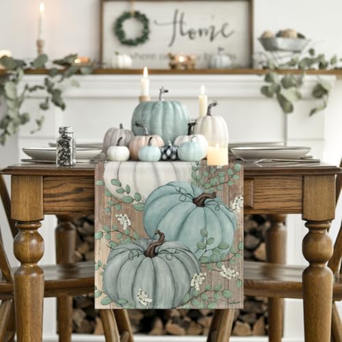 13x90 Inch Fall Table Runner - Wood Blue Polyester Decor for Home & Party