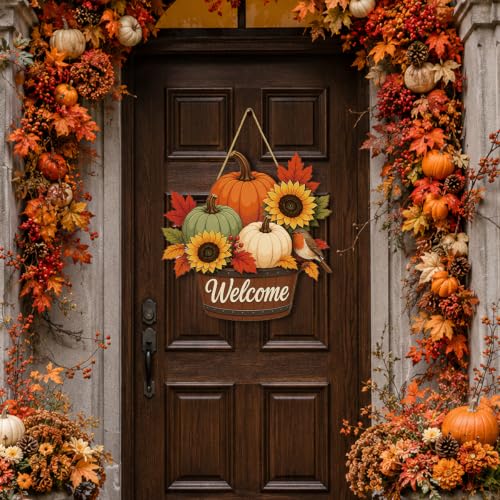 Wooden Fall Maple Sunflower Pumpkin Wreath for Front Door Welcome Sign - Color-G