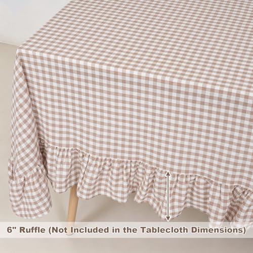 Taupe Gingham Ruffled Tablecloth 60 x 120 Inch - Rectangular Vintage Farmhouse
