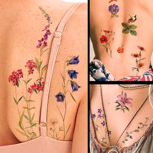 Watercolor Flower Temporary Tattoos Set - 40 Waterproof Sheets for Women