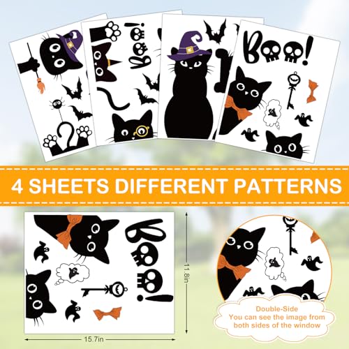 Halloween Black Cat Window Clings - Double-Sided Boo Decal Set for Glass & Mirrors, 4 Sheets