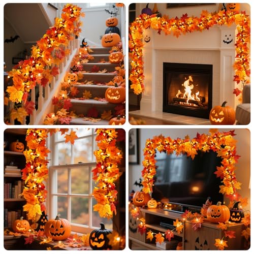 6FT 3-Pack Fall Leaf Garland with Lights - Orange Bulbs for Thanksgiving & Halloween Decor