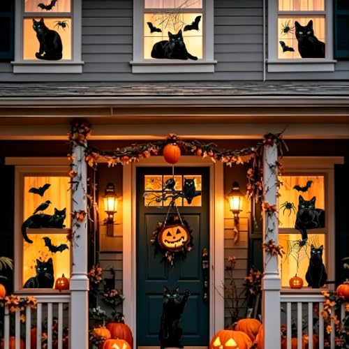 Large Black Halloween Window Clings - 9 Sheets Bat Cats Spiderweb Decor for Glass Windows & Doors