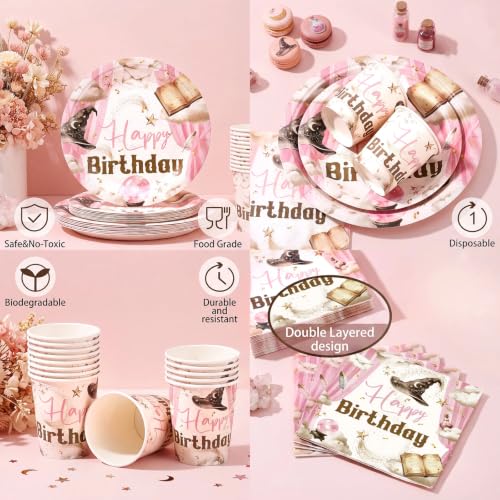Pink Magical Wizard Birthday & Halloween Party Decorations Set - 96 Pieces with Plates Cups Napkins - Sunnychicc
