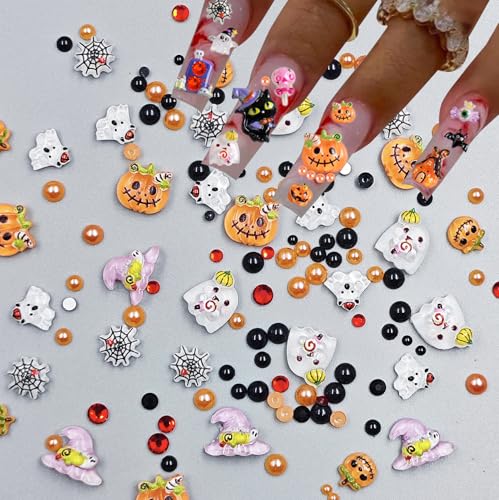 Halloween Nail Charms and Gems Set - Ghost, Pumpkin, Spider Web, Hat 3D Acrylic Decorations for Nails