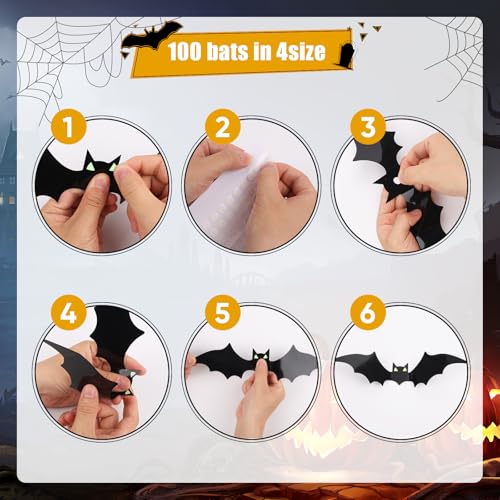 100Pcs Halloween 3D Bat Wall Decorations with Glow Eyes - Spooky Black Stickers for Indoor Decor