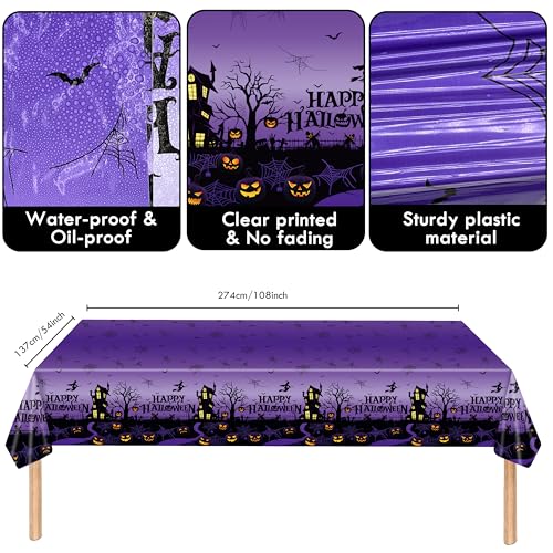 Purple Halloween Party Decorations Set - Banner, Tablecloth, Plates & Cups for 24 Guests