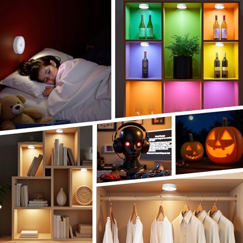 Rechargeable LED Puck Lights with Remote Control 16 Colors, Dimmer & Timer - 6 Pack