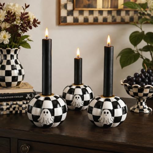 Halloween Black and White Checkerboard Candle Holder Set - Ghost Pumpkin Decor