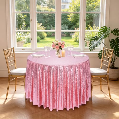 Fuchsia Pink Round Sequin Tablecloth - 120 Inch Glitter Party Cover with Variation