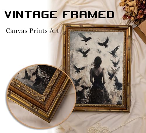 Halloween Witch Wall Art with Gold Frame - Crow Woman Gothic Decor, 16"L x 12"W - Witch Raven Variation