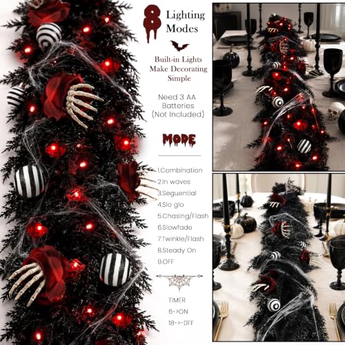 Black 9FT Prelit Halloween Garland with Lights, Skeleton Hand Roses & Web - Variation of THIS listing