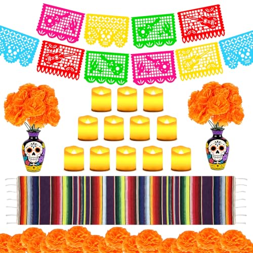 Day of the Dead Decor Set with Marigold Banners Candles and Table Runner